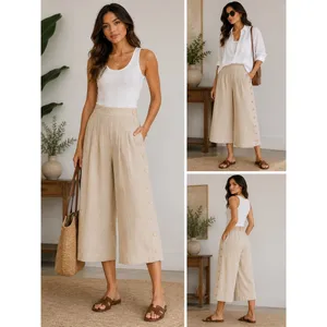 Condor Linen Blend Wide Leg Cropped Pants Beige Button Detail High Rise Size 5/6 thumbnail 2