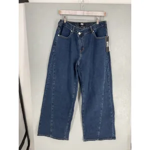 Madden NYC Womens Wide Leg Jeans Crossover Waist Dark Indigo Wash Size L 12-14 thumbnail 2