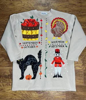 Vintage 90s Fall, Halloween, Thanksgiving & Christmas Theme Sweatshirt 1x Beige thumbnail 1