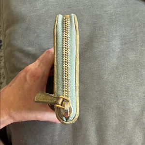 Miu Miu Metallic Gold Croc-Embossed Wallet with light blue interior. thumbnail 8