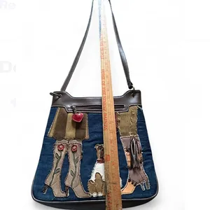 Brown leather jeans base shoulder bag Applique Embroidered Dog Purse Hand Bag. thumbnail 14