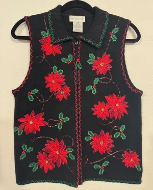 Vtg Women Ugly Christmas Sweater Vest Zip Up Poinsettia Embroidered Beaded 4/6 thumbnail 1