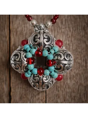 Vintage Southwest Red Bead Necklace with Turquoise & Ornate Silver Pendant thumbnail 5