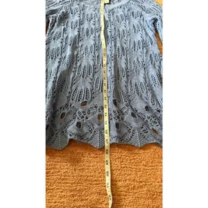 Nouveaux Blue Open Knit Lace Sweater Size L Bell Sleeve Cotton Boho thumbnail 4