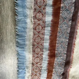 PRANA Mae Scarf Wrap Fringed Striped Tan Blue Cream Multicolored 100% Wool thumbnail 6