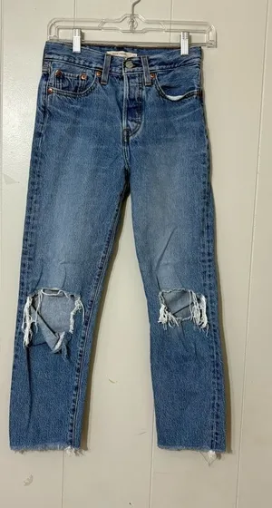 Levi’s Wedgie Straight Jeans Women’s Size 24 High Rise Distressed Raw Hem thumbnail 1