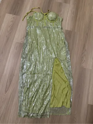 Green Sequin Halter Midi Dress with Side Slit Size XL thumbnail 4