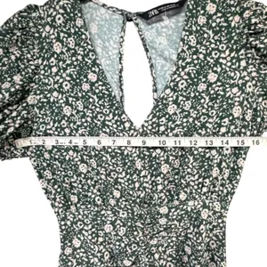 Zara Floral Green‎ Gathered Midi Dress V-Neck Puff Sleeve Cottagecore Prairie XS thumbnail 6