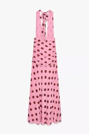 Zara Pink Polka Dot ruffled Maxi Dress bohemian summer vacation bodycon thumbnail 7