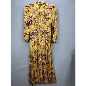Tiered Satin Maxi Dress S Yellow Floral Puff Sleeve Cottagecore Romantic Whimsy thumbnail 2