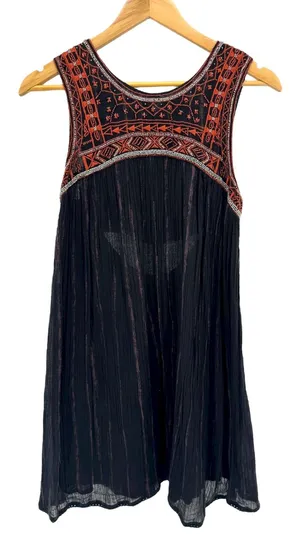 Free People Aztec Beaded Embroidered Bib Dress‎ Black Boho Festival Cotton Sz 4 thumbnail 1