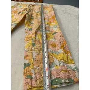Insense Floral Linen Blend Pants Womens 26 Yellow Pink Retro Drawstring Straight thumbnail 3
