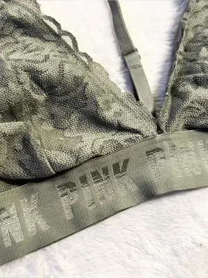 VS PINK Olive Green Lace T-Back Bralette Size Medium Wireless Comfort Bra thumbnail 3