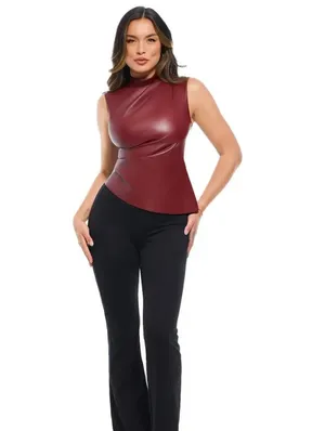 NWT Popilush Sleeveless Faux Leather Mock Neck Tank Top Bodysuit Maroon thumbnail 6