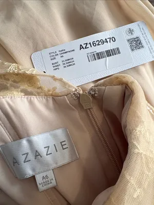 NEW Azazie Size 6 Hattie Champagne Elegant Cream Lace Chiffon Midi Dress thumbnail 3