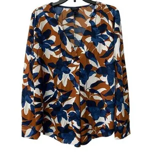 Ann Taylor Factory Women Rusty Orange White Blue Floral Blouse Long Sleeve Sz L thumbnail 1