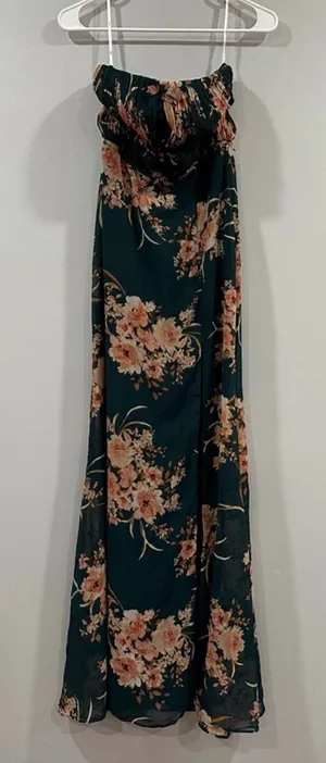 Lulus Enchanting Garden Emerald Floral Cutout Bow Strapless Maxi Dress Green XS thumbnail 1