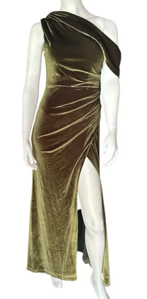 Monvelli One Shoulder Stretch Velvet Gown Olive Green Size 6 NWT thumbnail 1