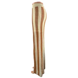 Solitaire Beige Tan Stripe Crochet Open Knit High Rise Wide Leg Trousers Pant XL thumbnail 2