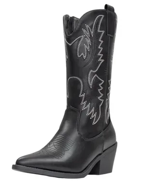 IUV Women’s Size 10 Black Leather Cowboy Cowgirl Boots Embroidered Pointy Toe thumbnail 1