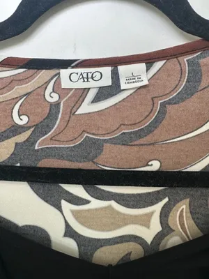 Cato Top Size L Brown White Black Retro Swirl O-Ring V-Neck 3/4 Sleeve thumbnail 3