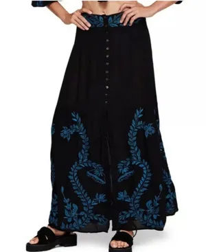 Free People black maxi skirt with blue embroidery. Size: 2 #boho new thumbnail 1