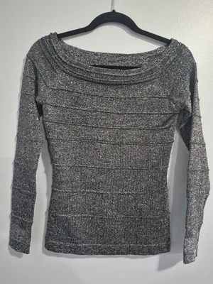 Y2K Vintage Cache 90s 2000s grey Metallic Ribbed Off The Shoulder Knit Top Small thumbnail 1