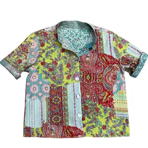 Handmade Reversible Paisley Boho Patchwork Button Top Short Sleeve Medium Fit Red thumbnail 9