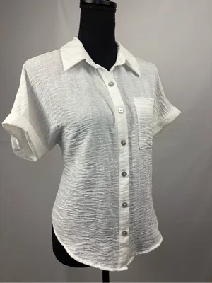 Monteau White Crinkled Short Sleeve Button-Down Shirt Medium thumbnail 2