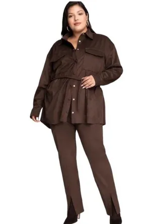 Good American Chocolate Brown Faux Suede Pant Size 8 Boss Split Hem Straight Leg thumbnail 5