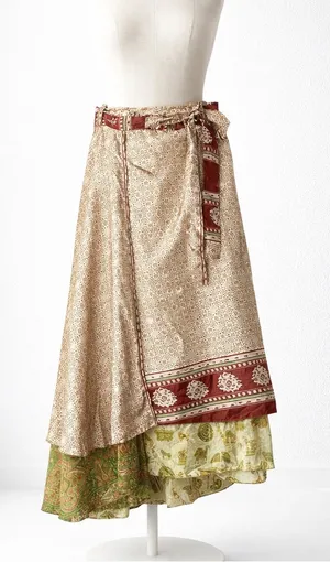 Silk Bohemian Boho Cream Silk Wrap Sari Fabric Indian A-Line Skirt S thumbnail 1