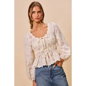 SO ME Floral Clip Dot Lace Trim Ruched Bodice Blouse - White - Medium thumbnail 7
