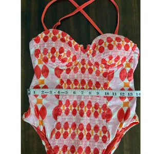Maeve by Anthropologie Smocked Geometric One Piece Swimsuit Coral‎ Pink Large thumbnail 6