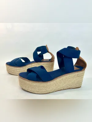 Tory Burch Frieda Espadrille Wedge Sandals in Navy Blue and Tan size 9 thumbnail 4