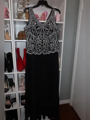 J Kara Black Maxi Dress with White Beaded Floral Bodice thumbnail 2