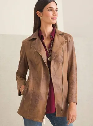 Chicos Brown Zippered Pocketed Faux Leather Suede Lined Motorcycle Jacket 4 6 thumbnail 1