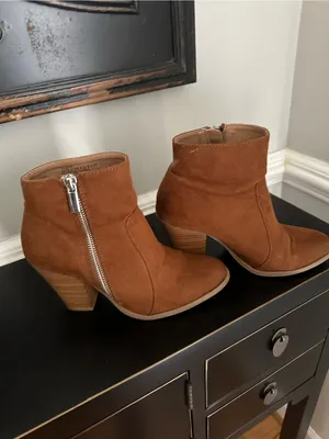 Shoe Dazzle Tan Suede Ankle Booties with Side Zipper thumbnail 4