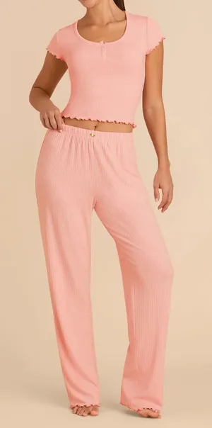 Birdy Grey Pink Ribbed Short Sleeve Pajama Set thumbnail 1