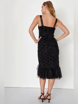 Lulu's Black Rosette Midi Dress with Tulle Ruffle Hem thumbnail 4
