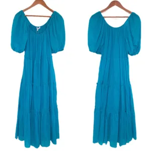 ANTONIO MELANI Puff Sleeve Midi Dress Small Turquoise‎ Blue Tiered Silk Cotton thumbnail 4