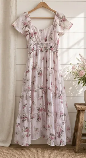 Floral Chiffon Flounce Sleeve Shirred Midi Dress Small thumbnail 1