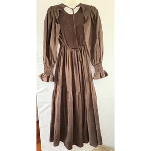 Brown Linen Maxi Dress Smocked Puff Sleeve Tiered Cottagecore DLD11313DBR thumbnail 2
