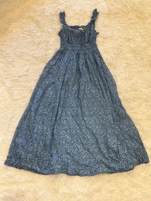 NEW DÔEN Ditsy Floral Organic Cotton Smocked Midi Blue Garden Bloom Dress sz XS thumbnail 6