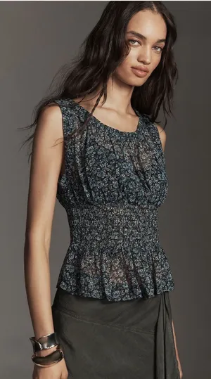 Anthropologie Smocked Chiffon Tank Top NWT Large Floral Peplum Blouse thumbnail 1