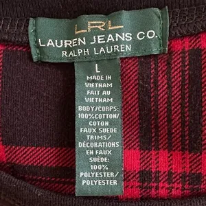 Lauren Ralph Lauren Plaid Top Red Black Shoulder Zip Elbow Patch Size L thumbnail 9