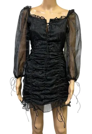 Lioness Black Corset Ruched Sheer Slv Feng Shui Lined Mini Dress Womens Medium thumbnail 1