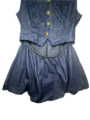 NWT Cider Dark Wash Denim Button Up Vest Mini Dress Bubble Skirt thumbnail 4