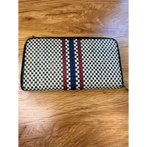 Tory Burch Woven Leather Checkerboard Zip Continental Wallet Navy White OS thumbnail 4