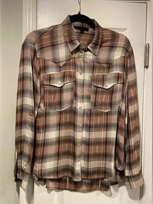 Jane & Delancey Size S Brown Plaid Flannel Western Pearl Snap Front Shirt thumbnail 1