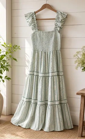 Blu Pepper Stripe Floral Pattern Smocked Tiered Midi Dress Last One Size Large thumbnail 1